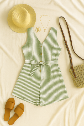 Damen Jumpsuit – Gestreift mit V-Ausschnitt, ärmellos & lässig