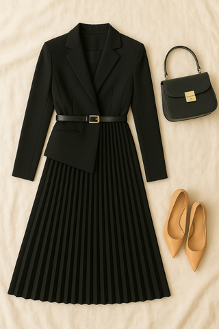Damen Blazer-Kleid – Plissee-Rock & Taillengürtel, Business & Modern