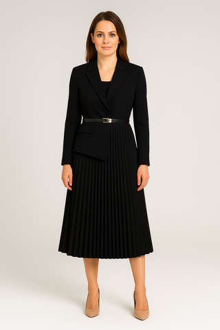Damen Blazer-Kleid – Plissee-Rock & Taillengürtel, Business & Modern
