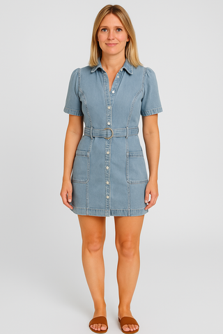 Damen Freizeitkleid – Denim-Look mit Knöpfen & Bindegürtel, Lässig & Trendig