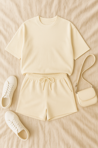 Damen Zweiteiler – Lässig & Bequem, T-Shirt & Shorts in Unifarbe