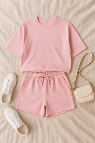 Damen Zweiteiler – Lässig & Bequem, T-Shirt & Shorts in Unifarbe