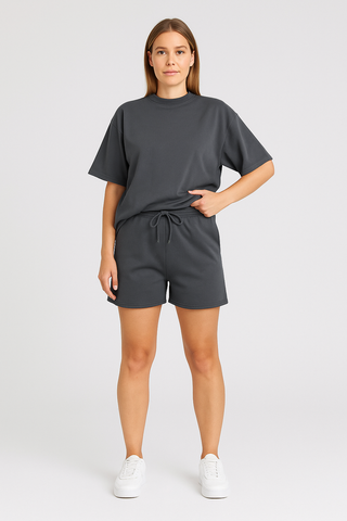 Damen Zweiteiler – Lässig & Bequem, T-Shirt & Shorts in Unifarbe