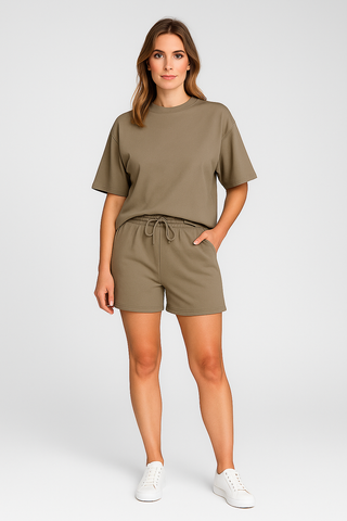 Damen Zweiteiler – Lässig & Bequem, T-Shirt & Shorts in Unifarbe