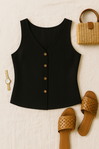 Damen Sommer-Tanktop – Knopfdetails & Stickerei, Lässig & Feminin