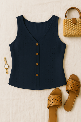 Damen Sommer-Tanktop – Knopfdetails & Stickerei, Lässig & Feminin