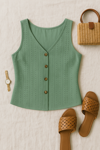 Damen Sommer-Tanktop – Knopfdetails & Stickerei, Lässig & Feminin