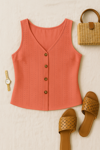 Damen Sommer-Tanktop – Knopfdetails & Stickerei, Lässig & Feminin