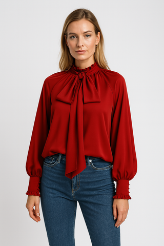Damen Bluse – Schleifendetail & Puffärmel, Feminin & Verspielt