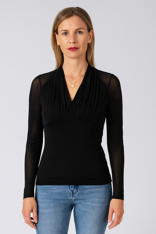 Damen Langarmshirt – Mesh-V-Ausschnitt, Schlank & Vielseitig