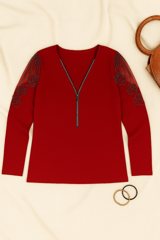 Damen Langarmshirt – V-Ausschnitt, Strass & Reißverschluss