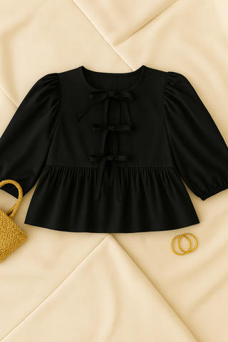 Damen Bluse – Gestreift, Schleife & Puffärmel