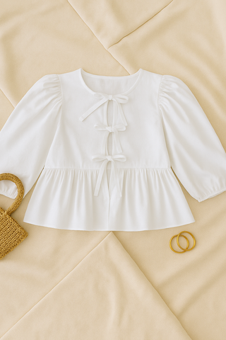 Damen Bluse – Gestreift, Schleife & Puffärmel