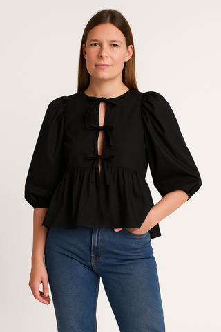 Damen Bluse – Gestreift, Schleife & Puffärmel