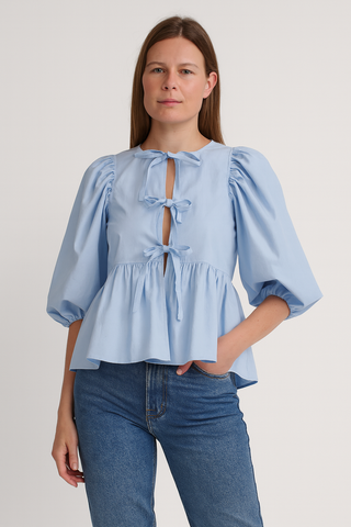Damen Bluse – Gestreift, Schleife & Puffärmel