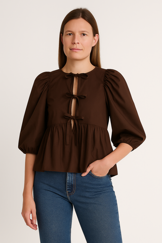 Damen Bluse – Gestreift, Schleife & Puffärmel