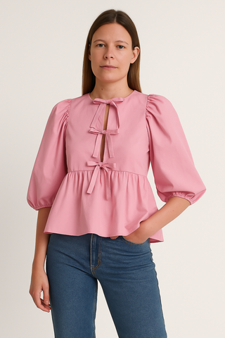 Damen Bluse – Gestreift, Schleife & Puffärmel