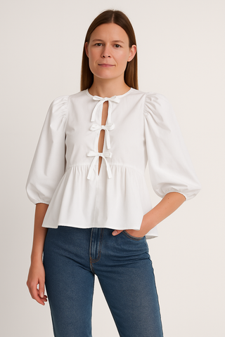 Damen Bluse – Gestreift, Schleife & Puffärmel