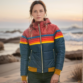 A women's retro puffer jacket made from warm, insulated material, featuring a stylish design with a high collar and zip pockets, perfect for cold weather fashion 1