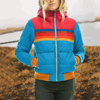 A women's retro puffer jacket made from warm, lightweight material, featuring a stylish design with a quilted texture and vibrant colors, perfect for staying cozy 3