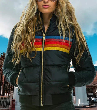 This women's retro puffer jacket features a warm and stylish design, crafted from durable, insulated material, perfect for cold weather. The vibrant colors and vintage 4