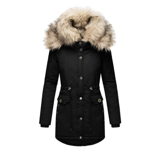 A women's winter parka featuring a removable faux fur collar, designed for both practicality and elegance, made from durable material to provide warmth and style during colder 0