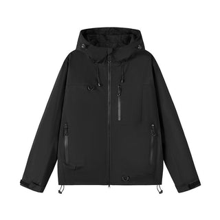 This men's jacket features a technical design, made from waterproof and breathable material, perfect for outdoor activities. It includes an adjustable hood for added functionality and a 0