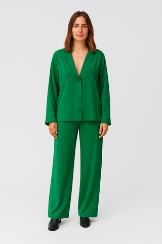 Damen Loungewear Set – Satin, Elegante Hemdbluse & Weite Hose, Bequem & Vielseitig