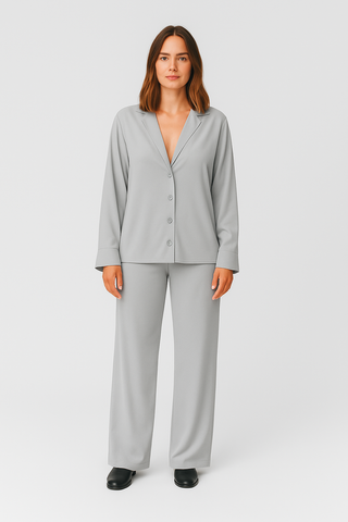 Damen Loungewear Set – Satin, Elegante Hemdbluse & Weite Hose, Bequem & Vielseitig