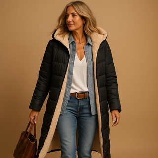 Elegantly designed for women, this long winter coat combines comfort and style, featuring a soft, warm fabric perfect for cold weather. Its sophisticated silhouette makes 0