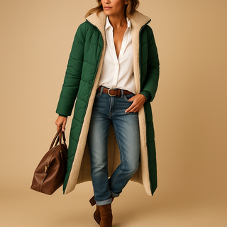A long, elegant winter coat for women, made from a warm, soft material. The coat features a tailored fit that combines comfort with style, perfect 1