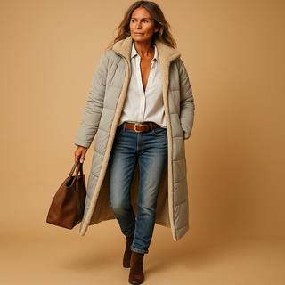 A long, elegant winter coat for women, crafted from a soft, warm fabric that combines comfort with style, featuring a chic silhouette perfect for cold weather 3