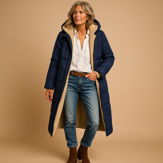 A women's long winter coat that combines elegance and comfort, made from high-quality fabric. The coat features a sleek design and is perfect for keeping warm while 4