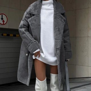 Damenmantel – Langer Plüsch-Cardigan mit Reverskragen, Elegant & Warm